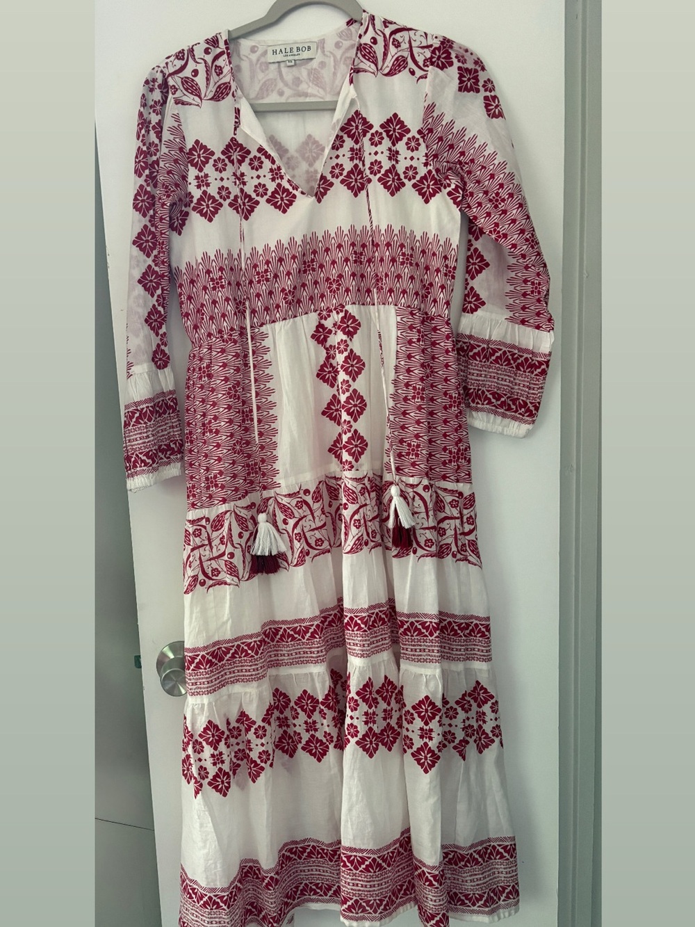 Hale Bob White Maxi Dress with Red Folk Embroidery